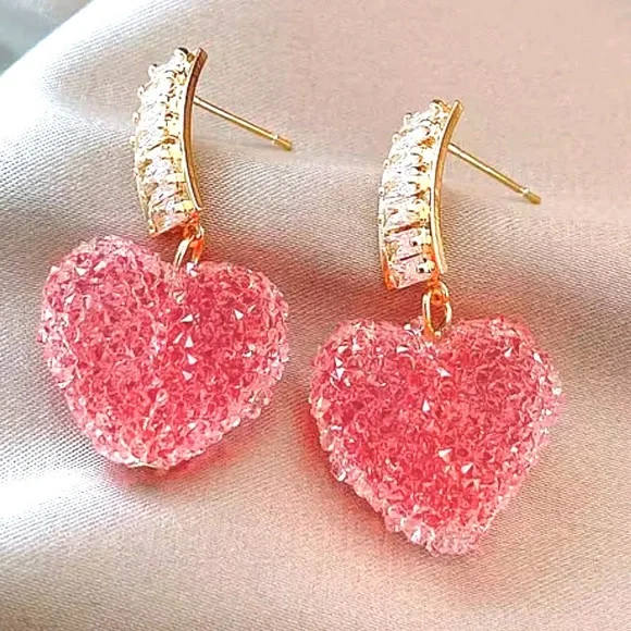 Valentine Pink Crystal Heart Women Earrings - Picture 4 of 7